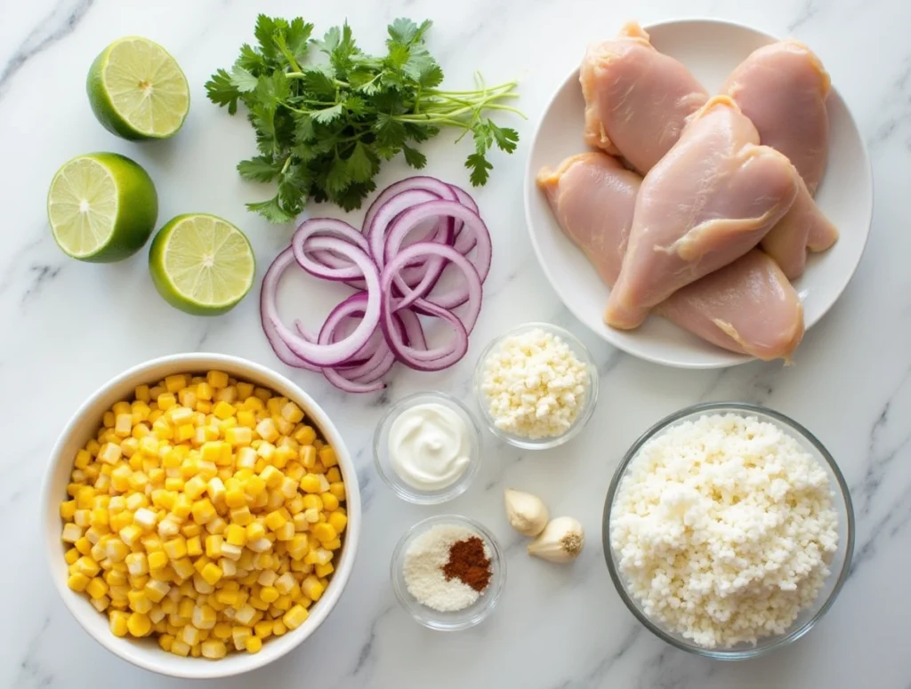 Street Corn Chicken Rice Bowl with grilled corn, sliced chicken thighs, and creamy cotija topping in a white bowl