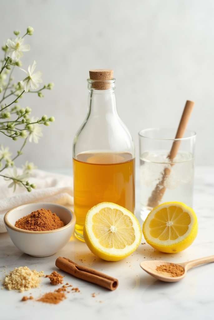 natural ozempic drink in a clear glass mug with lemon slice, cinnamon sticks, on a white marble table in natural light