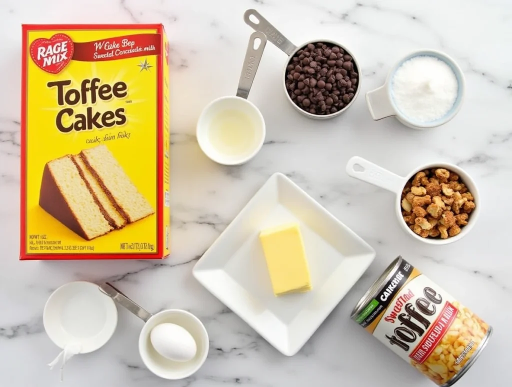 Freshly baked cake mix toffee bars with melted chocolate and crunchy toffee topping in a 9x13 pan