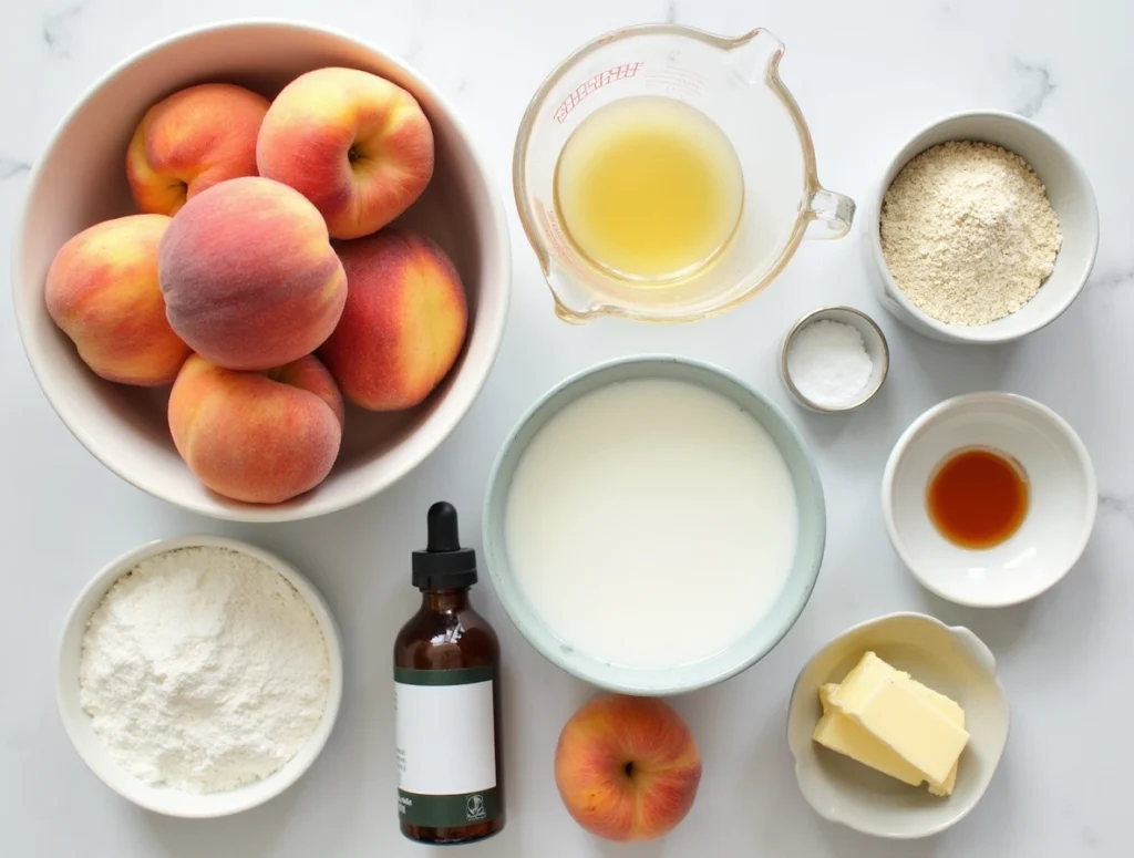 Peach cake topped with fresh slices and whipped cream on a marble table