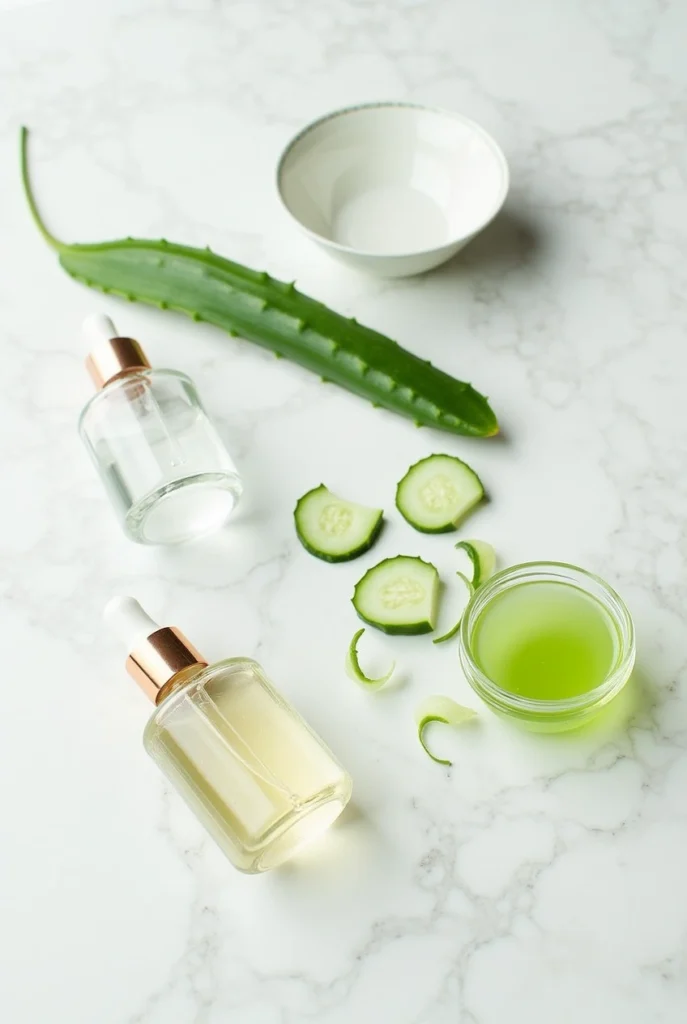 DIY skin gels made with aloe, turmeric, cucumber, and green tea in glass jars