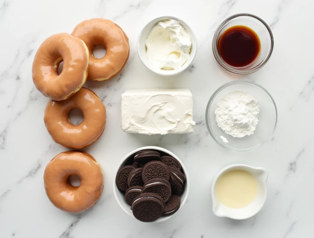 Close-up of an Oreo cheesecake stuffed donut burger with white chocolate drizzle and whole Oreo on top