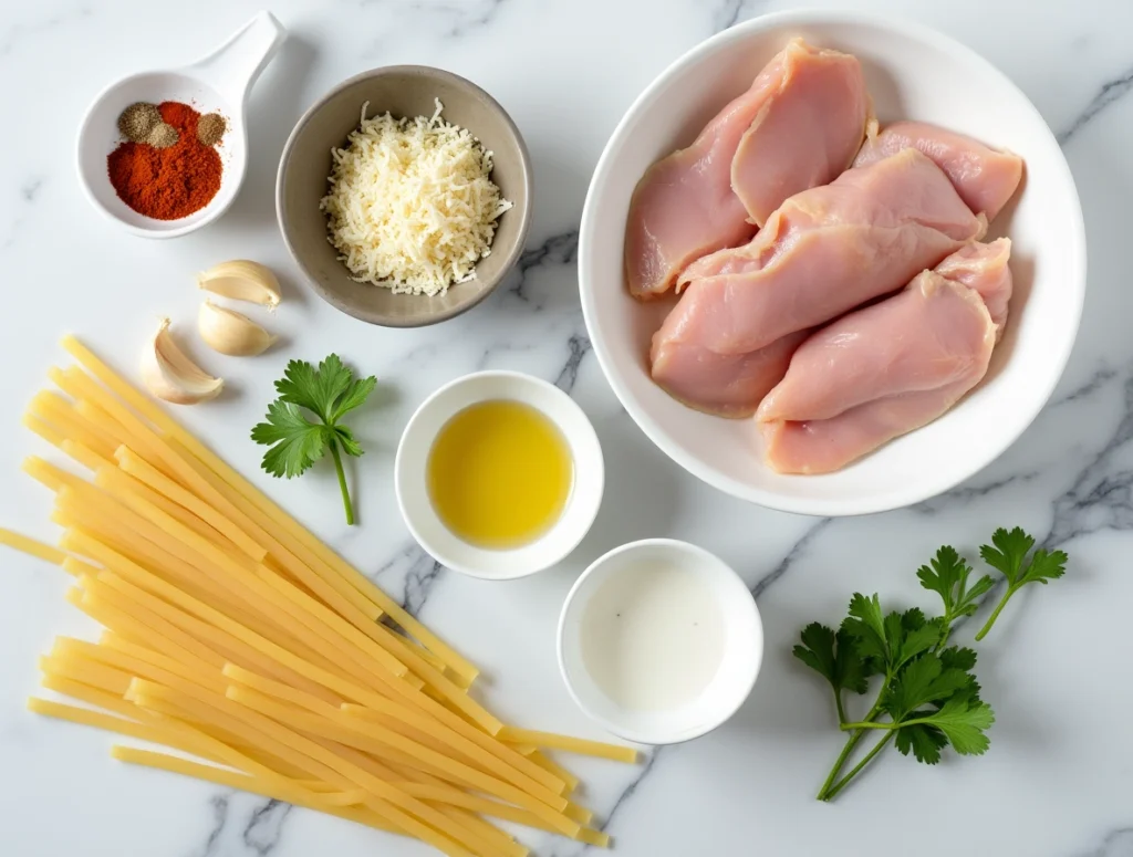 Cajun chicken pasta served over creamy Parmesan linguine, garnished with parsley
