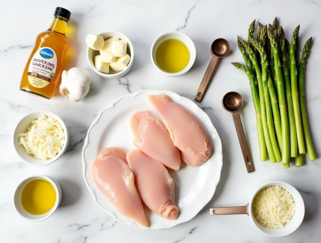 Golden-baked honey mustard chicken served with cheesy roasted asparagus on a white plate