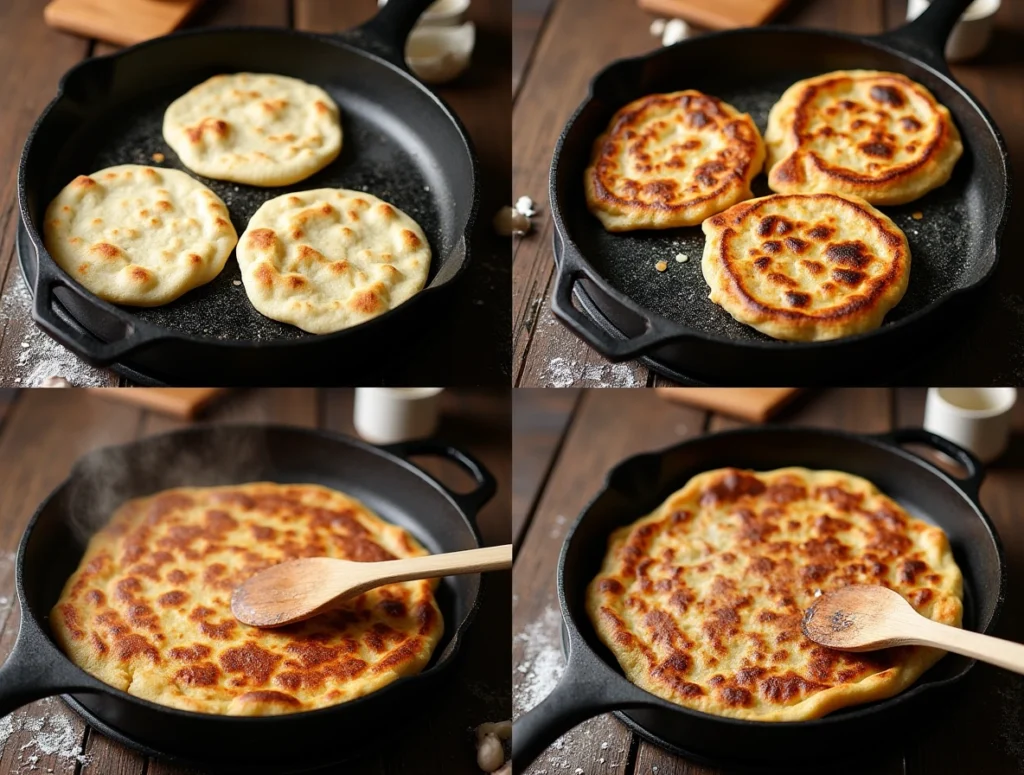 Homemade naan flatbread served with pita bread and flour tortillas on a rustic wooden board