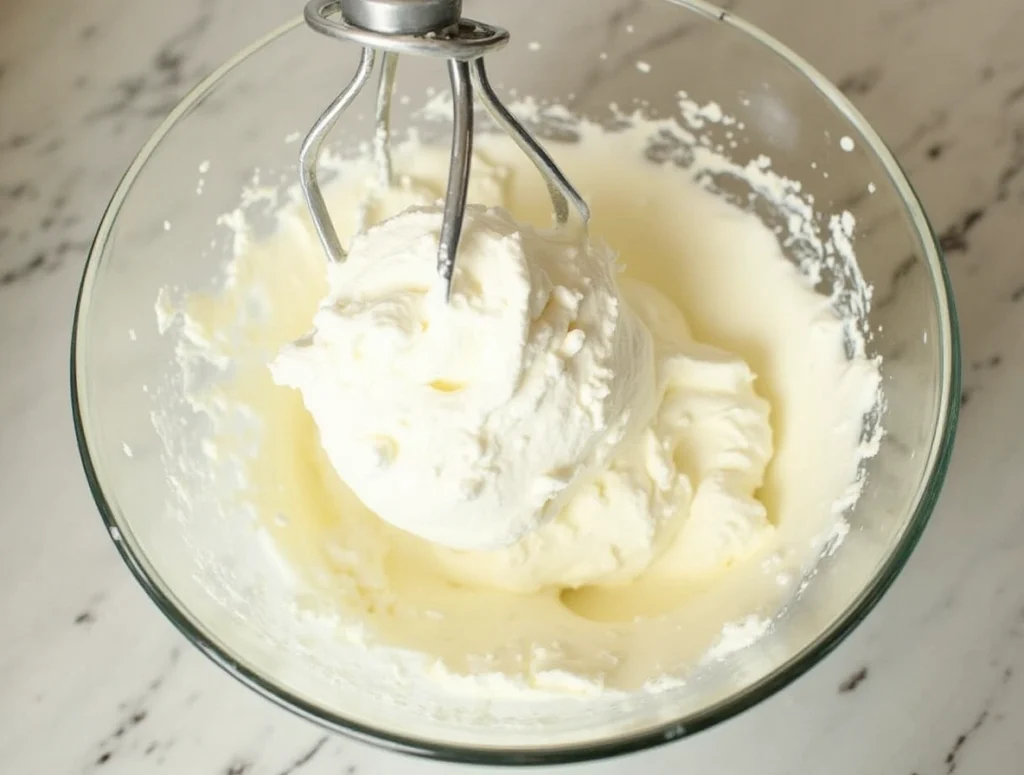 Step-by-step preparation of M&Ms Cool Whip Pudding Frosting on marble table