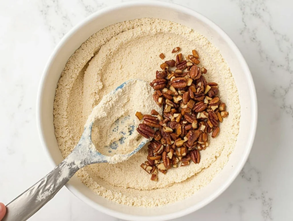 Overhead shot of sliced sweet Alabama pecan bread on parchment paper with scattered pecans on a white marble table