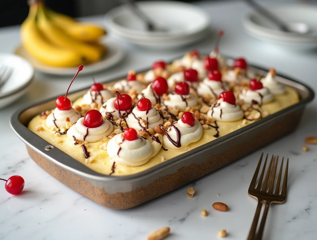 Slice of no-bake banana split cheesecake topped with cherries, chocolate syrup, and whipped cream