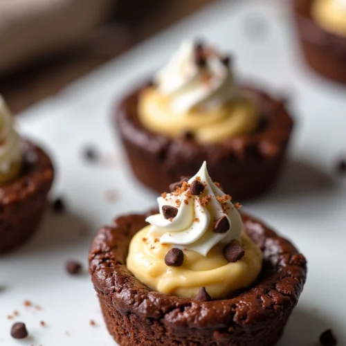 Loaded Brownie Cheesecake Cups with whipped cream and chocolate chips on top