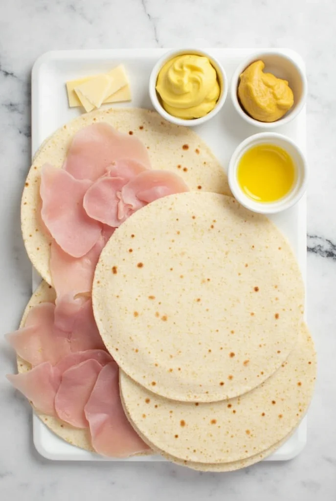 Sliced air fryer chicken ham and cheese wraps stacked on a plate with melted cheese oozing out
