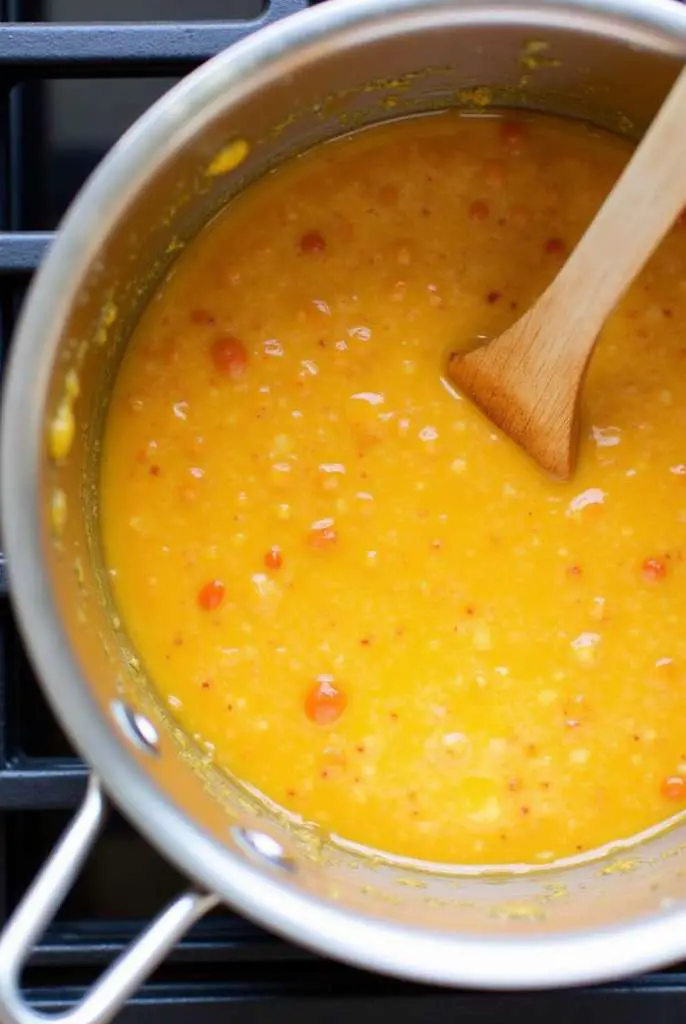 A bowl of mango habanero honey garlic sauce surrounded by fresh mango, garlic cloves, and habanero peppers.