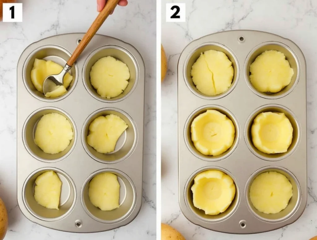 Crispy stuffed mashed potato nests filled with bacon, eggs, and cheese in a muffin tin