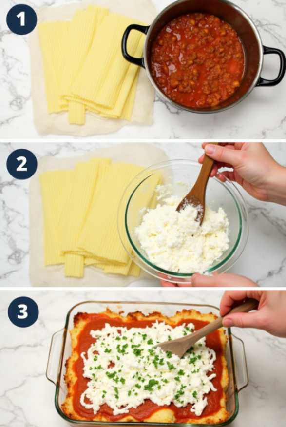 Close-up of million dollar lasagna with melted cheese, meat sauce, and layered noodles on a white plate over a marble table