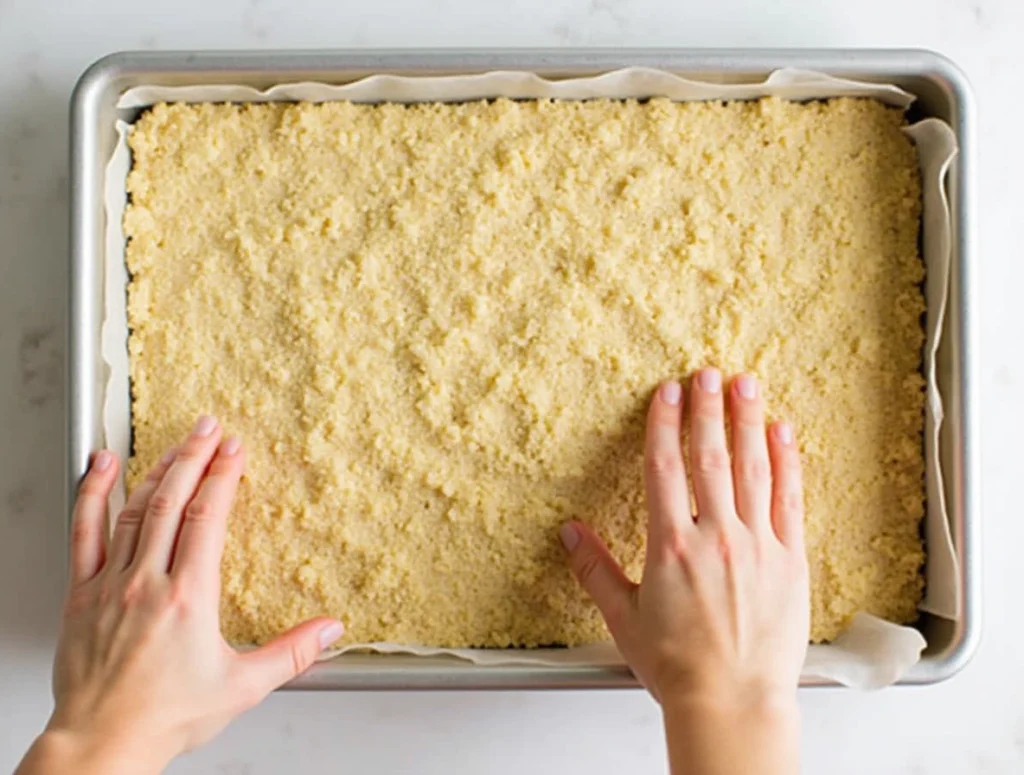 Freshly baked cake mix toffee bars with melted chocolate and crunchy toffee topping in a 9x13 pan