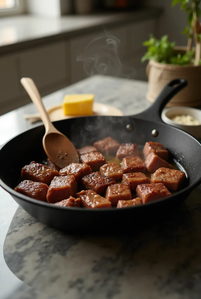 Garlic butter steak bites served over creamy spicy Cajun Alfredo twisted pasta in a white ceramic bowl with fresh parsley on top