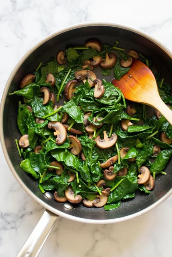 Close-up of roasted sweet potato boats filled with sautéed spinach and mushrooms, topped with creamy avocado dressing and crumbled feta