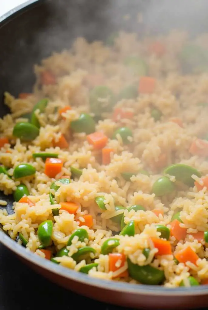 Close-up of Bang Bang Chicken Fried Rice in a bowl with spicy sauce and green onions