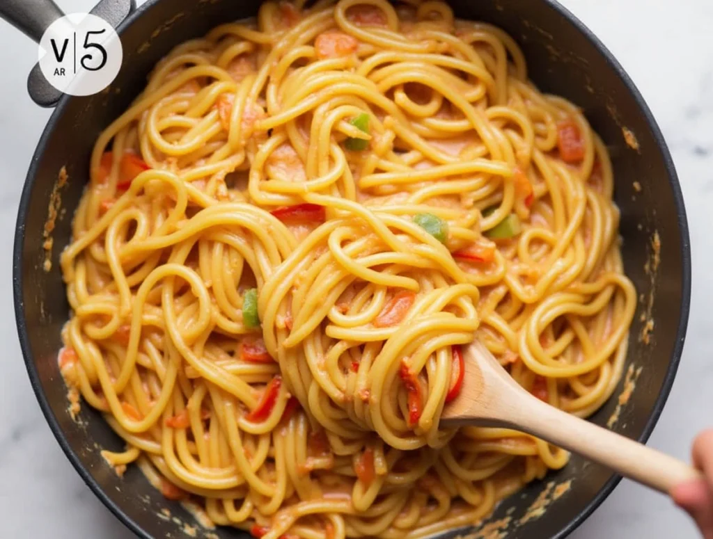 Spaghetti with creamy pepper sauce, chicken chorizo slices, and shrimp, topped with parsley and cracked black pepper