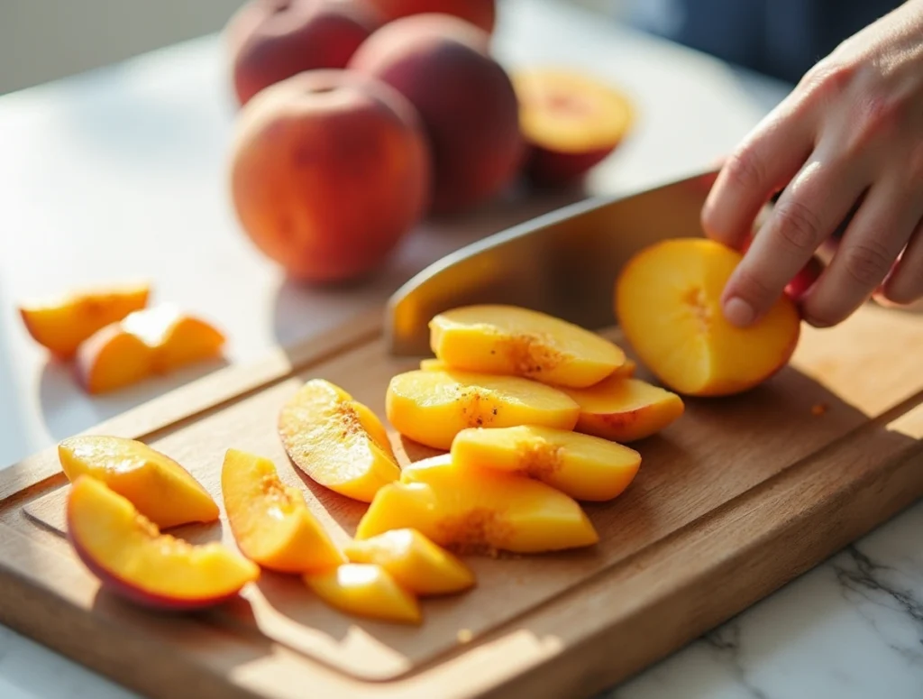 Peach cake topped with fresh slices and whipped cream on a marble table