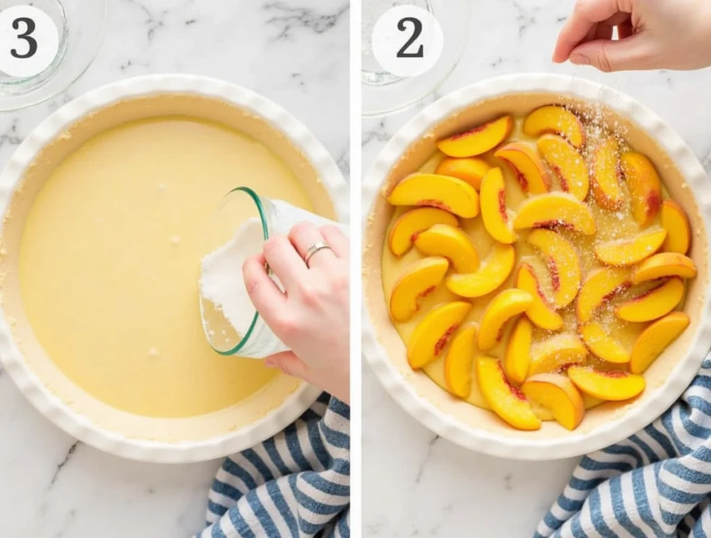 Peach cake topped with fresh slices and whipped cream on a marble table