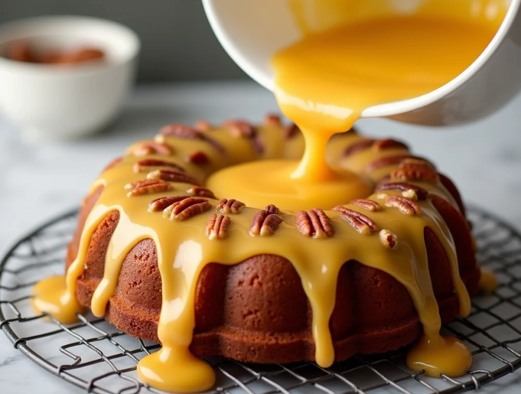 Slice of Pineapple Pecan Cream Cheese Pound Cake topped with pineapple glaze and chopped pecans on a white plate
