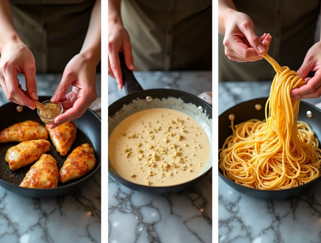 Cajun chicken pasta served over creamy Parmesan linguine, garnished with parsley