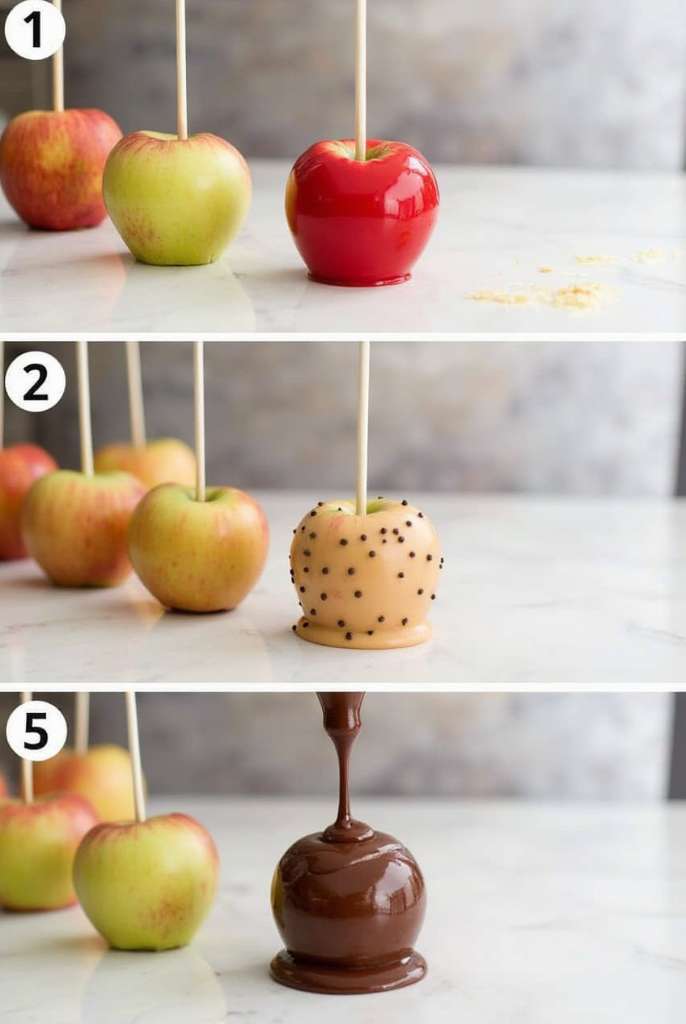 Glossy Striped Candy Apples coated in red candy and finished with chocolate drizzle, sitting on parchment.
