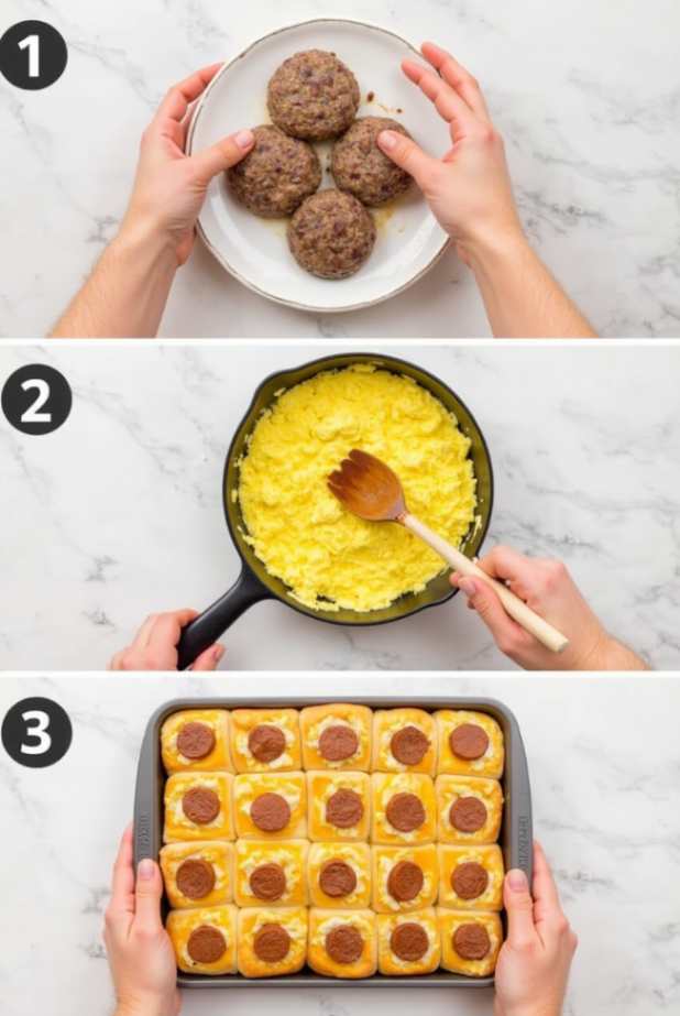 Step-by-step preparation of breakfast sliders with sausage, eggs, and cheese on a marble countertop