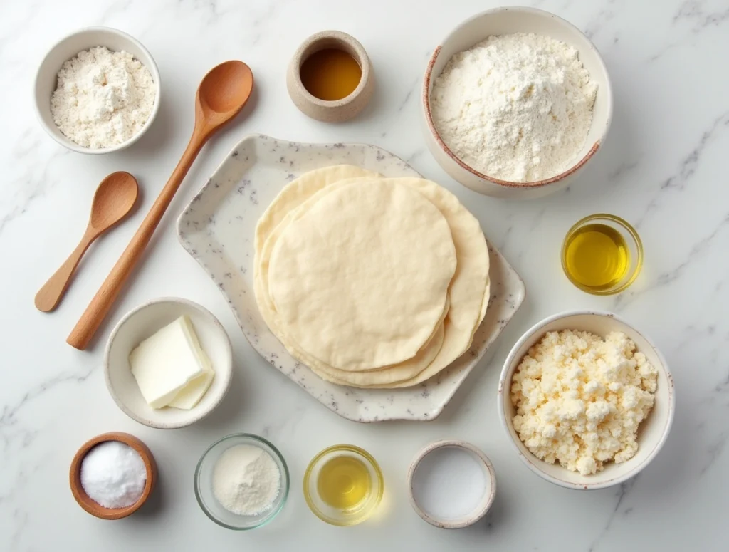 Homemade naan flatbread served with pita bread and flour tortillas on a rustic wooden board
