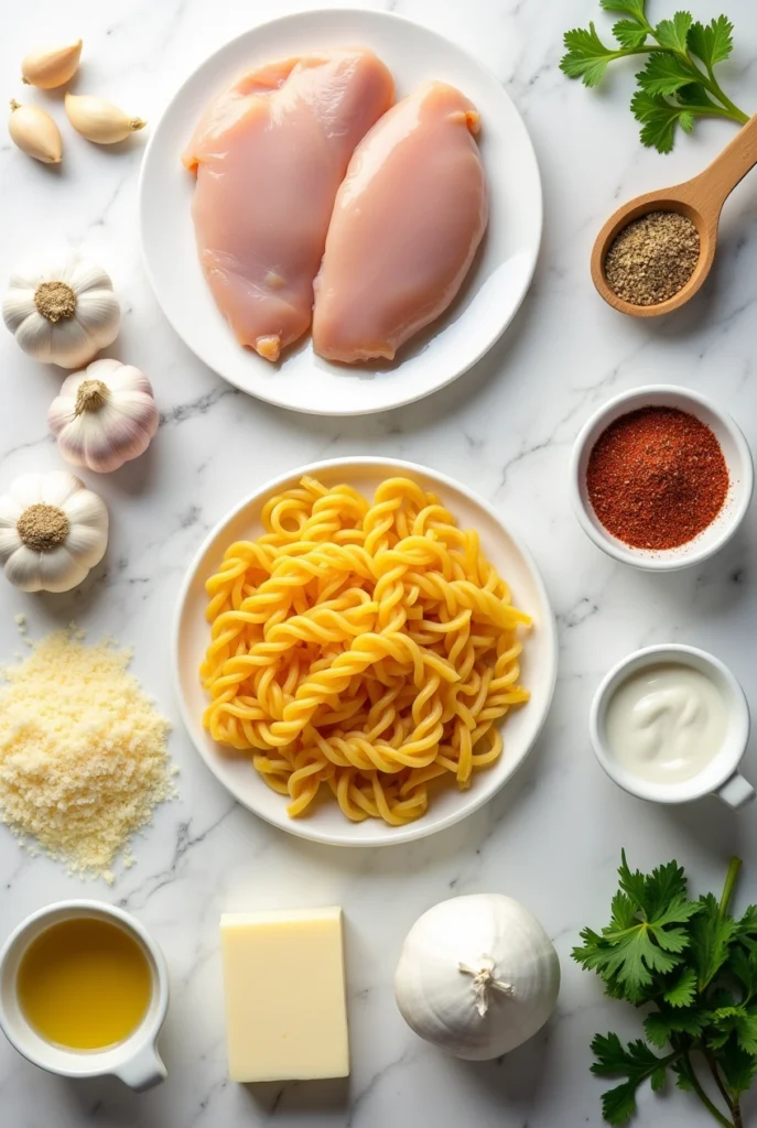 Close-up of creamy Parmesan chicken with cheesy twisted pasta on a plate