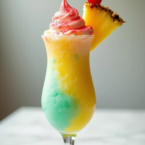 Rainbow Sherbet Piña Colada in a tall glass with pineapple and cherry