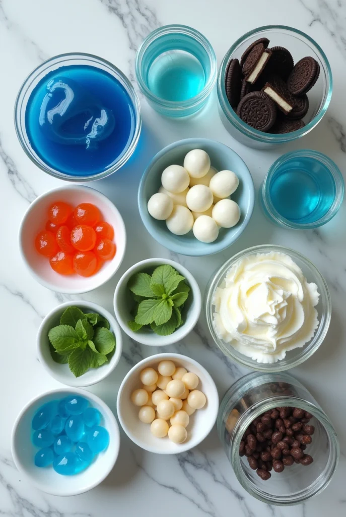 Close-up of edible aquarium terrarium dessert with blue gelatin, cookie sand, and gummy sea creatures in a mason jar