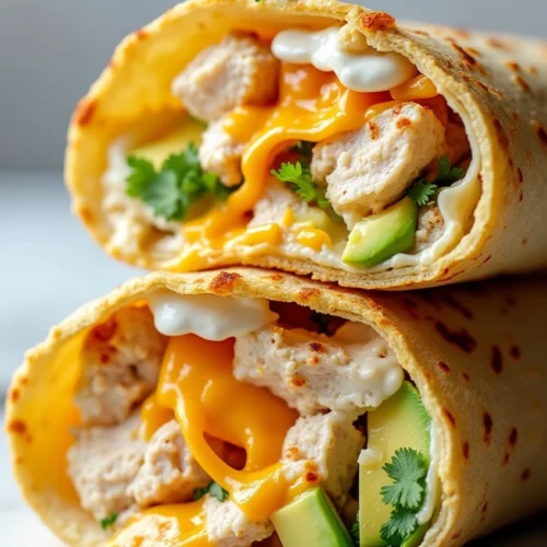 Golden grilled Chicken Avocado Ranch Burritos filled with creamy avocado, cheddar, and ranch, sliced in half on a rustic white plate