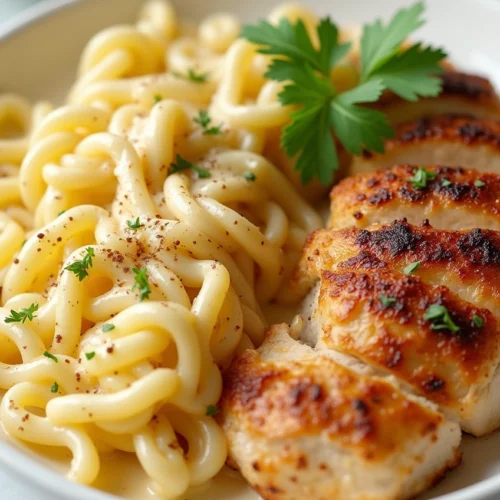 Close-up of creamy Parmesan chicken with cheesy twisted pasta on a plate