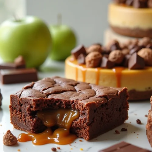 Ultra close-up of SNICKERS brownies, cookies, salad, and cheesecake on a rustic wooden table