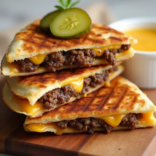 Crispy Cheeseburger Quesadillas with melted cheese and ground beef