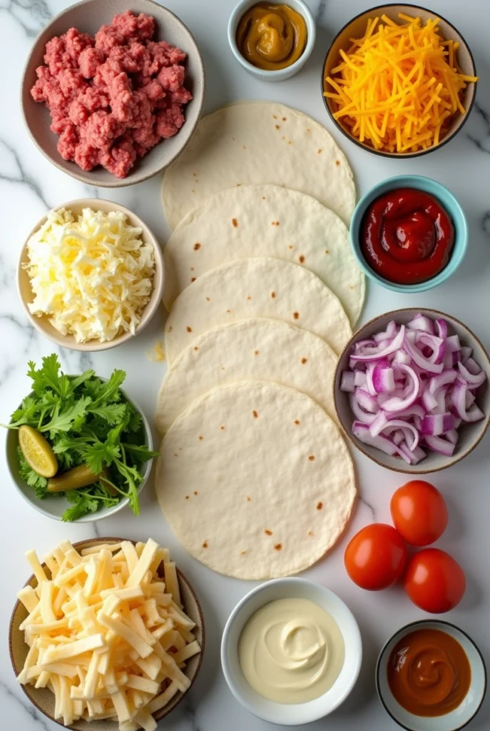 Crispy Cheeseburger Quesadillas with melted cheese and ground beef