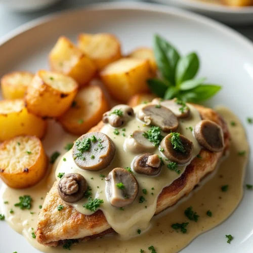 Close-up of creamy Alfredo chicken with mushrooms and crispy Parmesan potatoes drizzled with basil pesto.