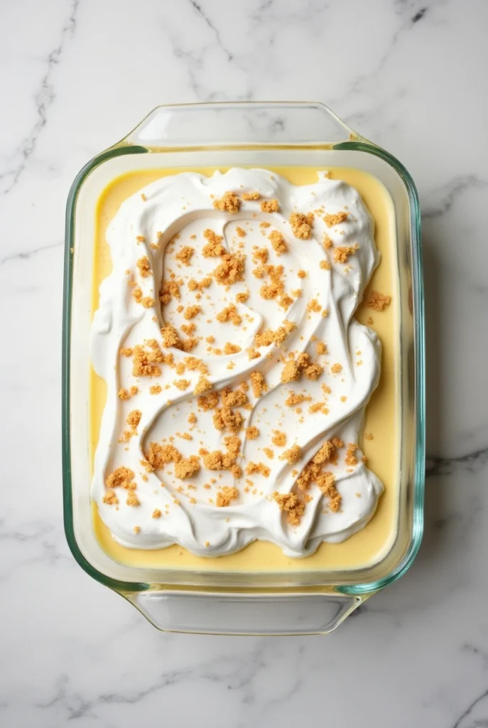 Moist carrot cake poke cake topped with cheesecake pudding and whipped topping in a glass baking dish