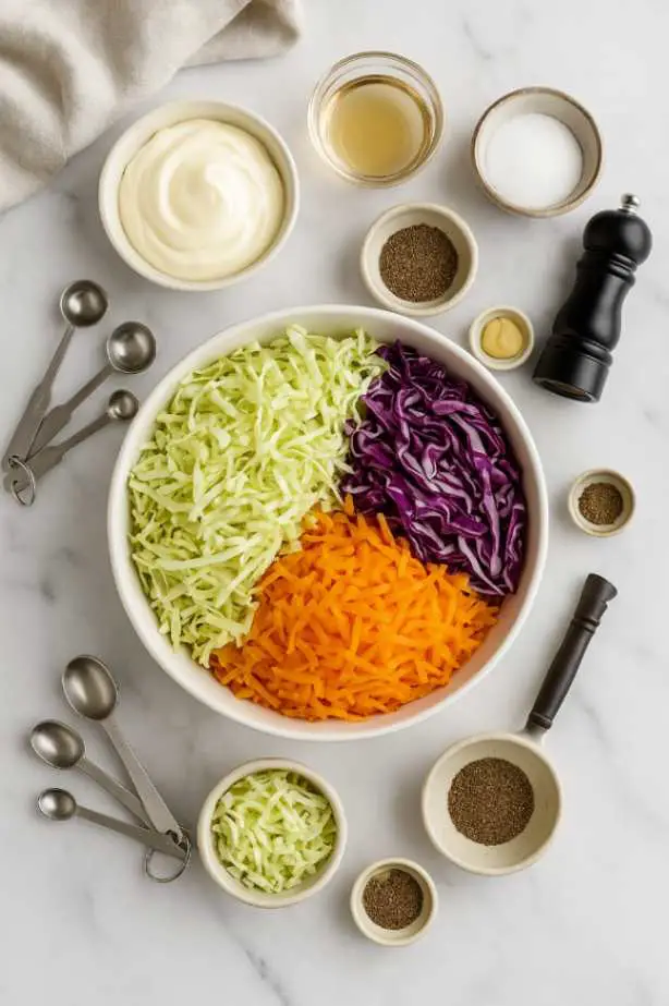 Bowl of Sweet Restaurant Slaw on a white marble table, with creamy dressing and fresh shredded cabbage