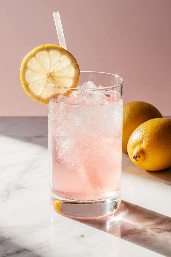 A clear glass of warm water with dissolved pink salt and fresh lemon, photographed in soft morning light on a rustic kitchen counter.