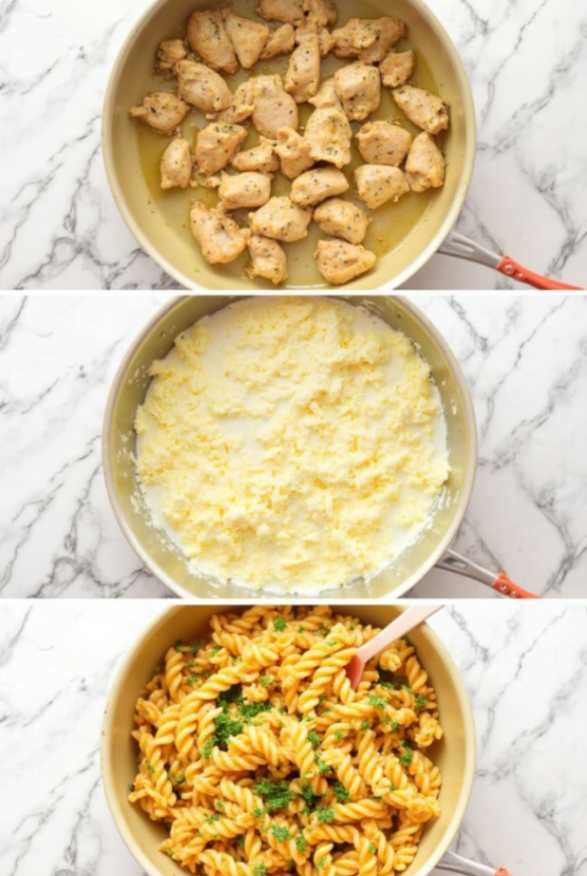 Garlic Butter Chicken Bites & Spicy Cajun Alfredo Twisted Pasta served in a bowl on a marble table with parsley garnish