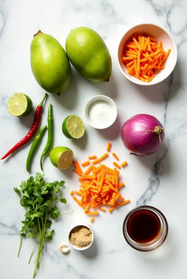 Green mango salad with shredded carrots, onions, and Thai chilies on a white plate