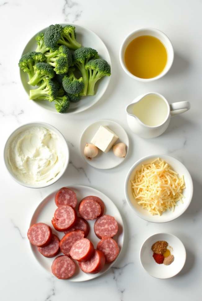 Creamy kielbasa broccoli skillet served in a black cast iron pan with melted cheese and broccoli florets