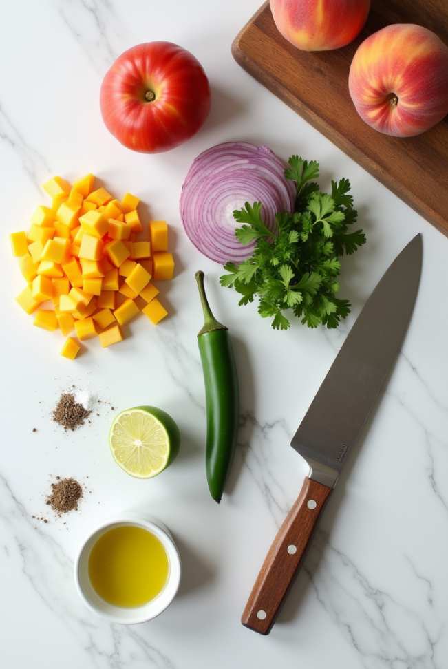 Close-up of fresh peach salsa with diced peaches, tomatoes, jalapeños, and cilantro in a glass bowl