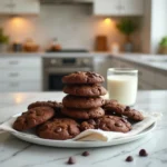 Stack of homemade chocolate cookies made from brownie mix on a marble counter with a glass of milk in a modern kitchen
