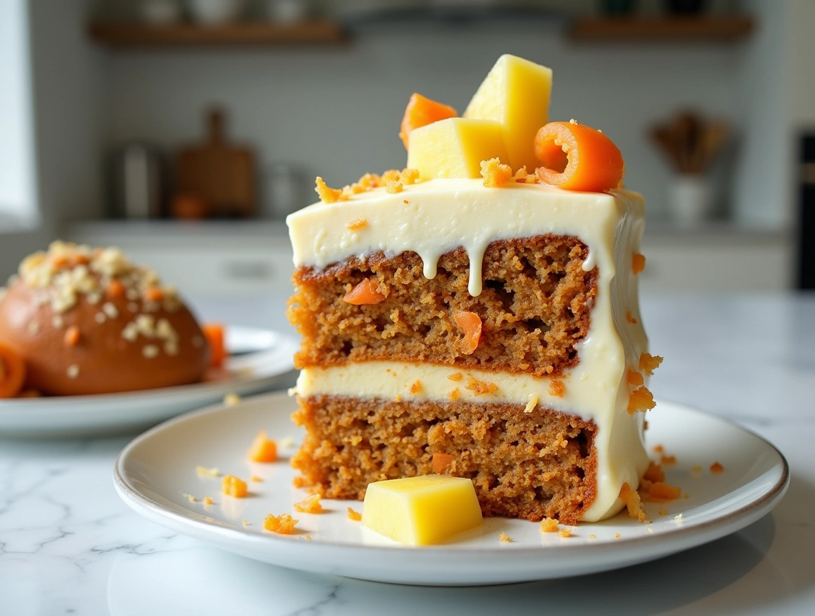 Close-up of a slice of Hawaiian carrot pineapple cake with cream cheese frosting on a white plate, topped with pineapple chunks and carrot curls, on a marble countertop in a modern kitchen.