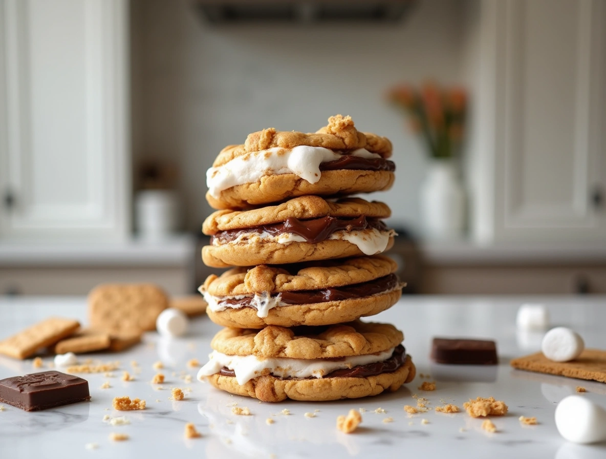 Close-up of gooey Peanut Butter S’mores Sandwich Cookies stacked on a plate