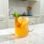 Warm fat-burning drink with lemon, ginger, and cinnamon in a clear glass mug on a white kitchen counter.