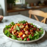 Asian Chicken Cranberry Salad served on a white marble table with vibrant greens, juicy chicken, cranberries, and sesame seeds